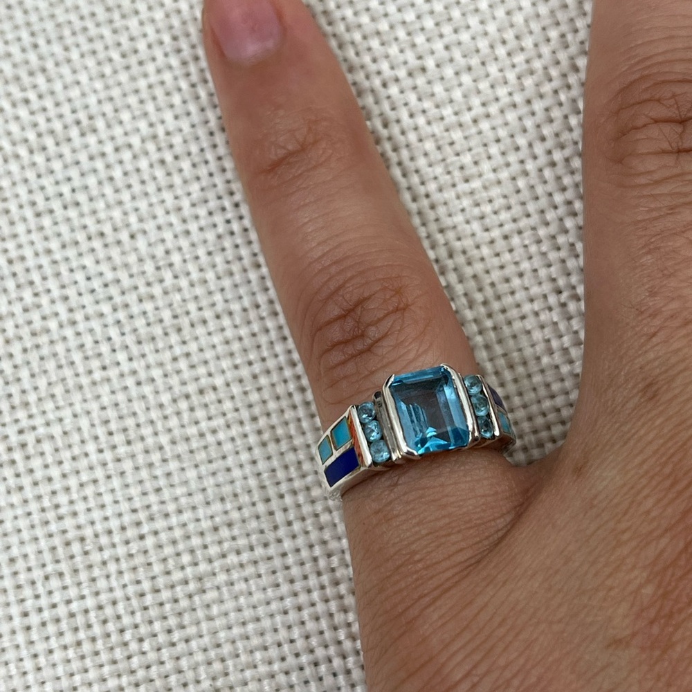 Vintage 925 Sterling Silver Turquoise Lapis Inlay Ring Size 5 - Picture 6 of 16